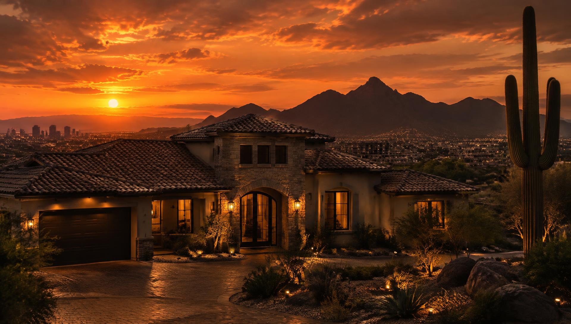 Arizona home with tile roof at sunset